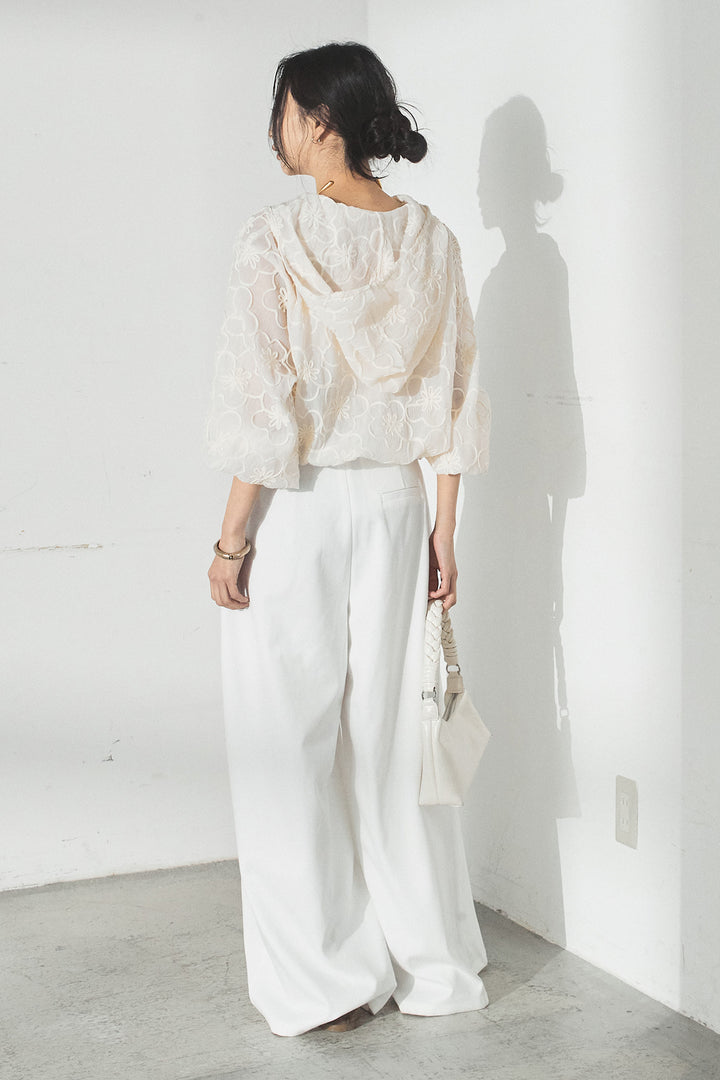 [SET]シアーフラワーフードブルゾン+編みベルト付きウエストタックワイドパンツ(2set)