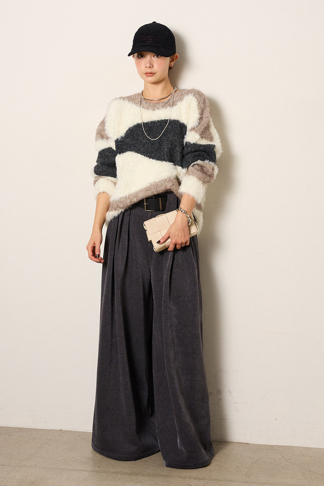 [SET]シャギーウェーブ柄クルーネックニットトップス+ベルトループコーデュロイワイドパンツ(2set)