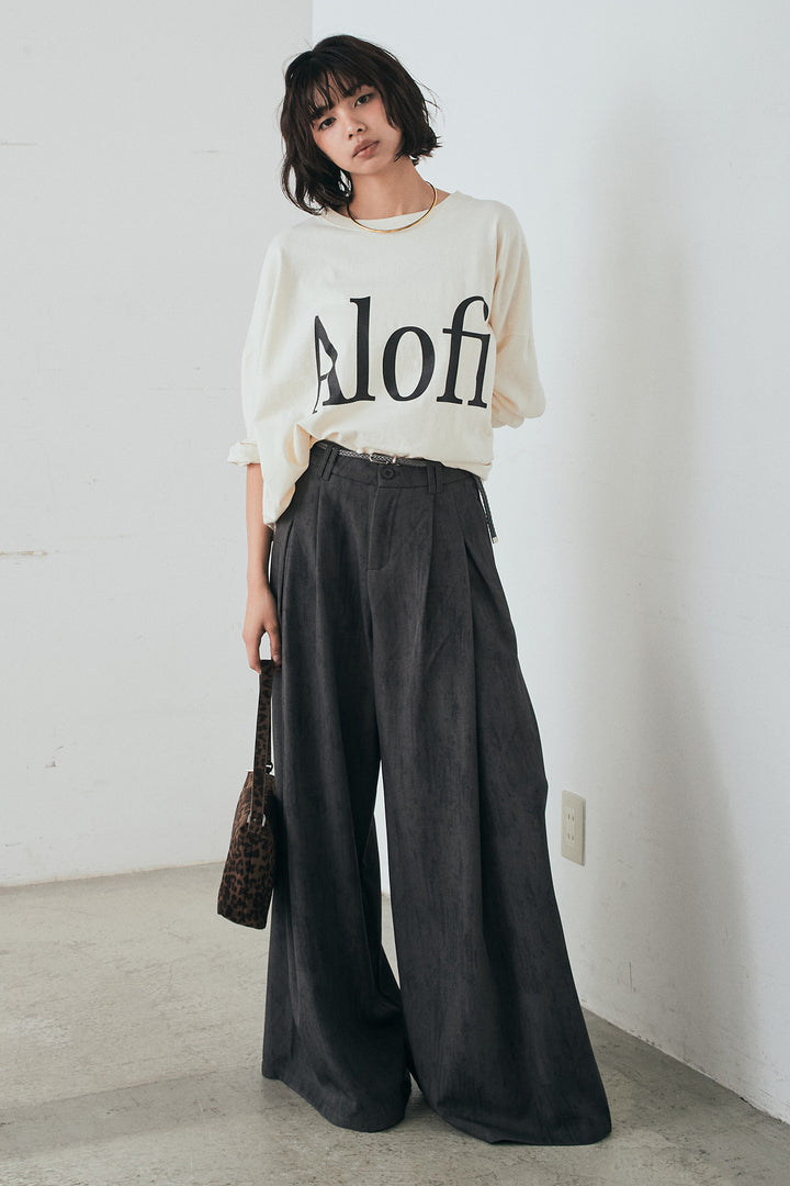 [SET]裾センタードロストロゴプリントワイドTシャツ+紐ベルト付きかすれ柄ワイドスラックス(2set)