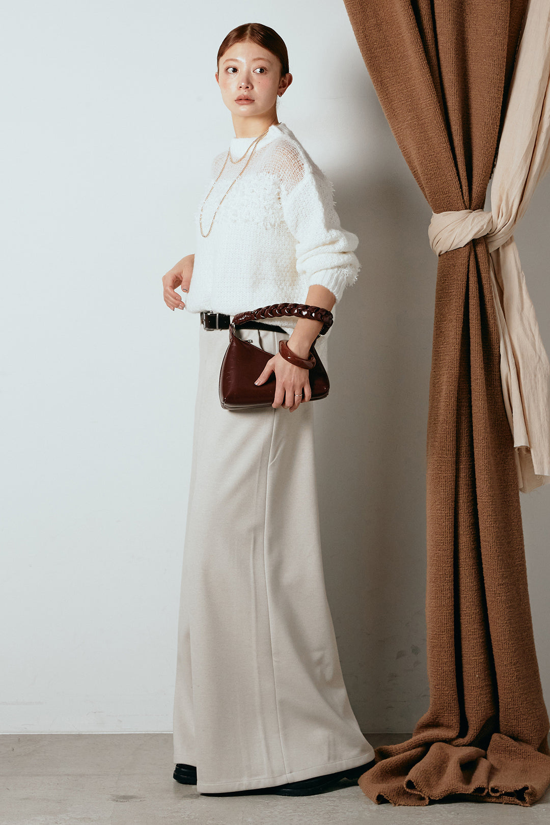 [SET]パターンランダム編みニットトップス+ベルト付きフロントタックデザインパンツ(2set)