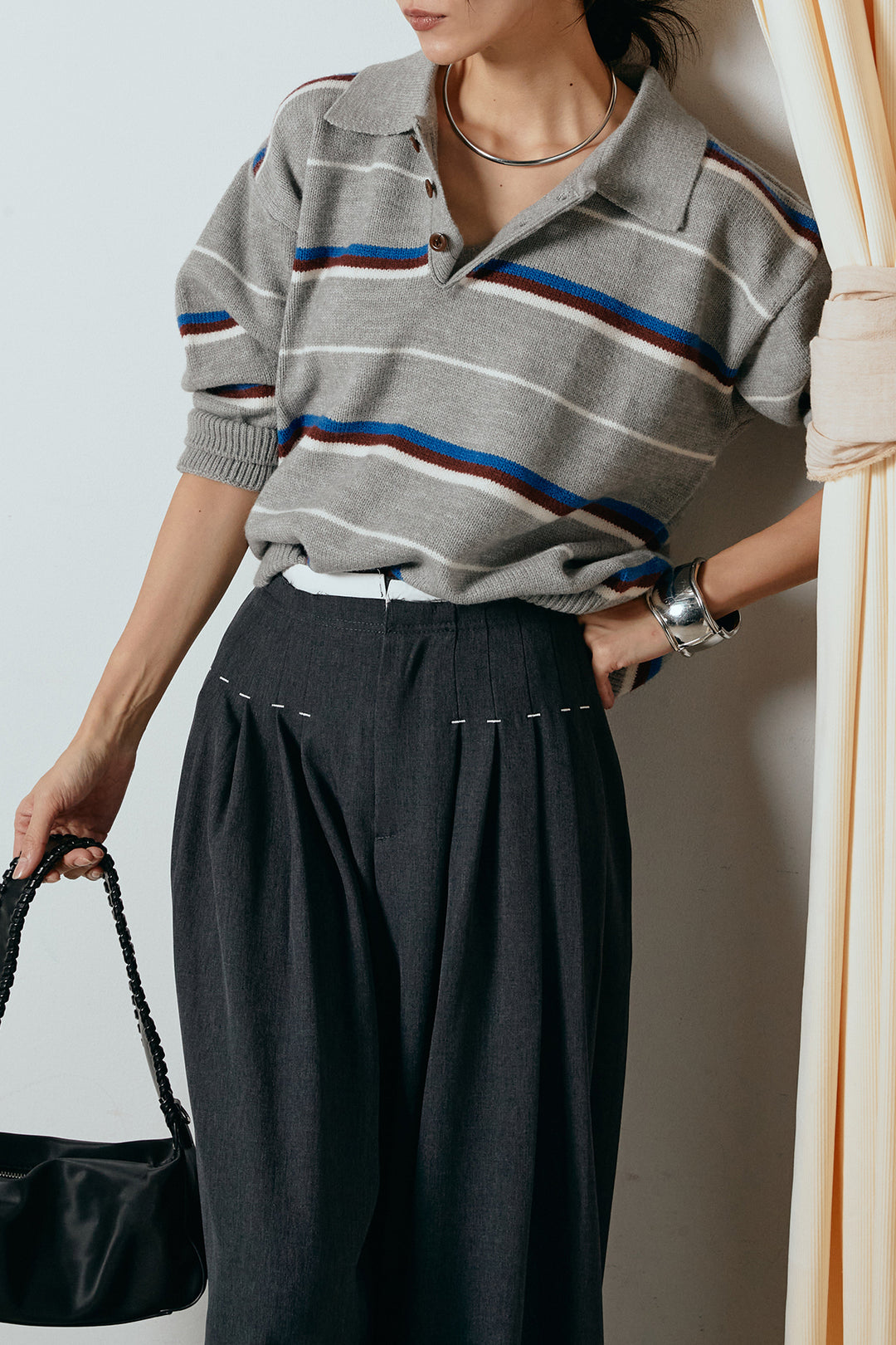 [SET]襟付きマルチボーダーニットポロトップス+ウエストステッチデザインワイドスラックス(2set)