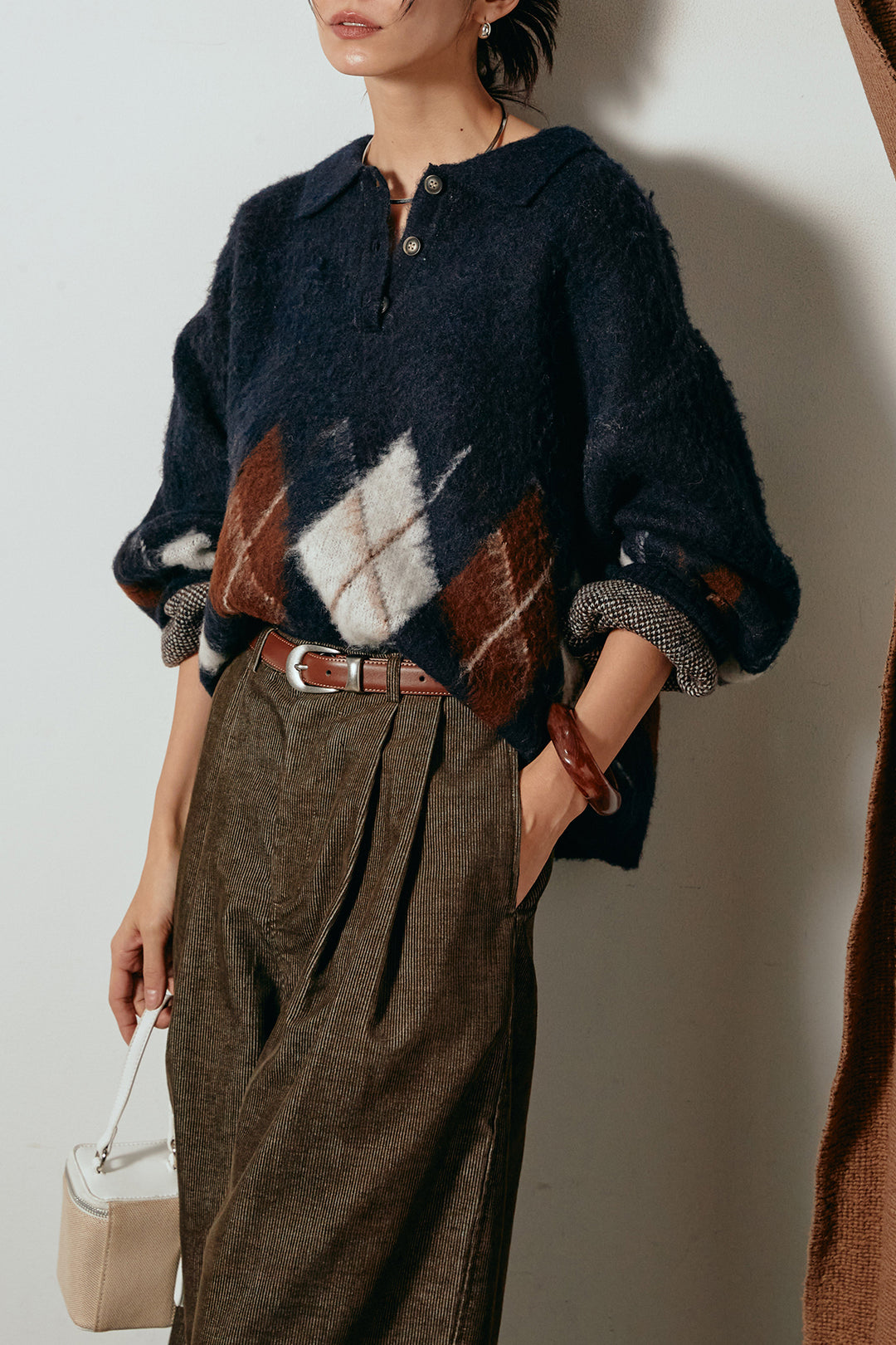 [SET]アーガイル柄ポロニットトップス+フロントタック入りコーデュロイパンツ(2set)