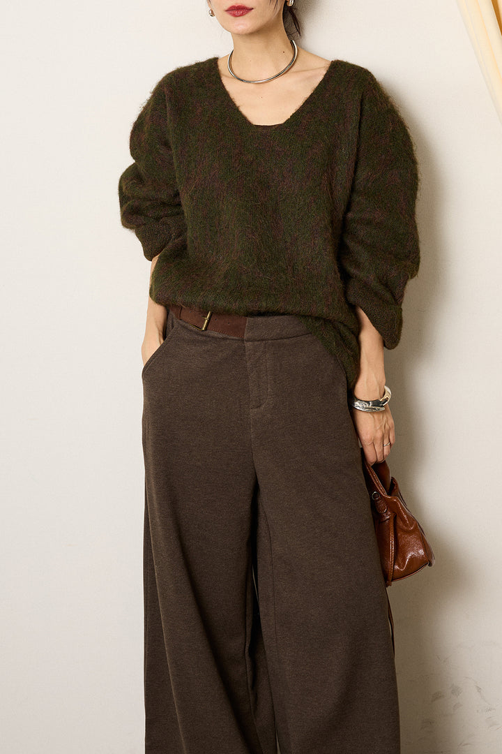 [SET]フラッフィーレオパードシャギーニット+サイドベルトパンツ(2set)