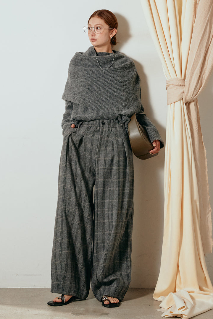 [SET]ケープデザインリブニットトップス+タータンチェック柄タックパンツ(2set)