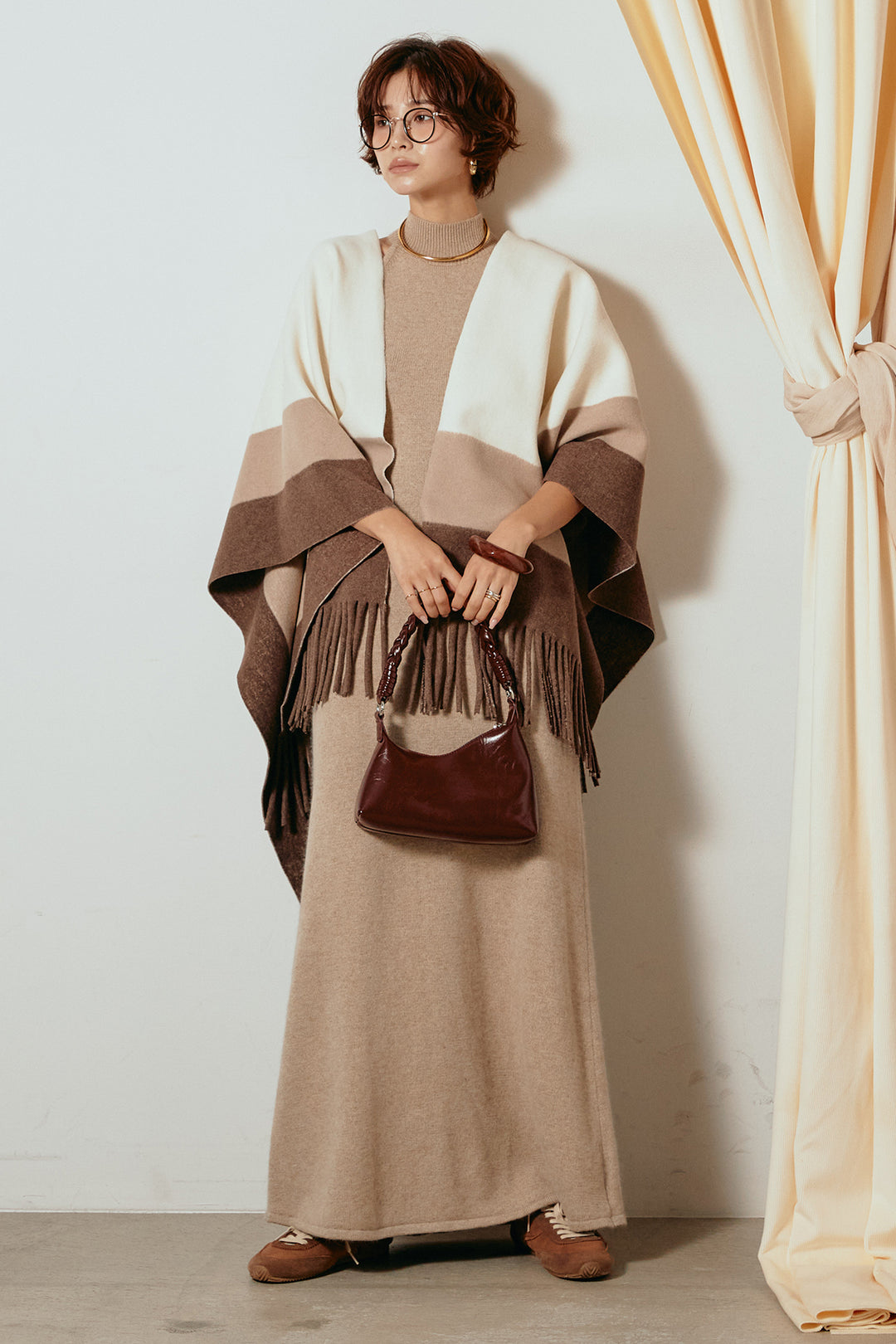 [SET]裾フリンジ柄ポンチョアウター+ノースリーブニットロングワンピース(2set)