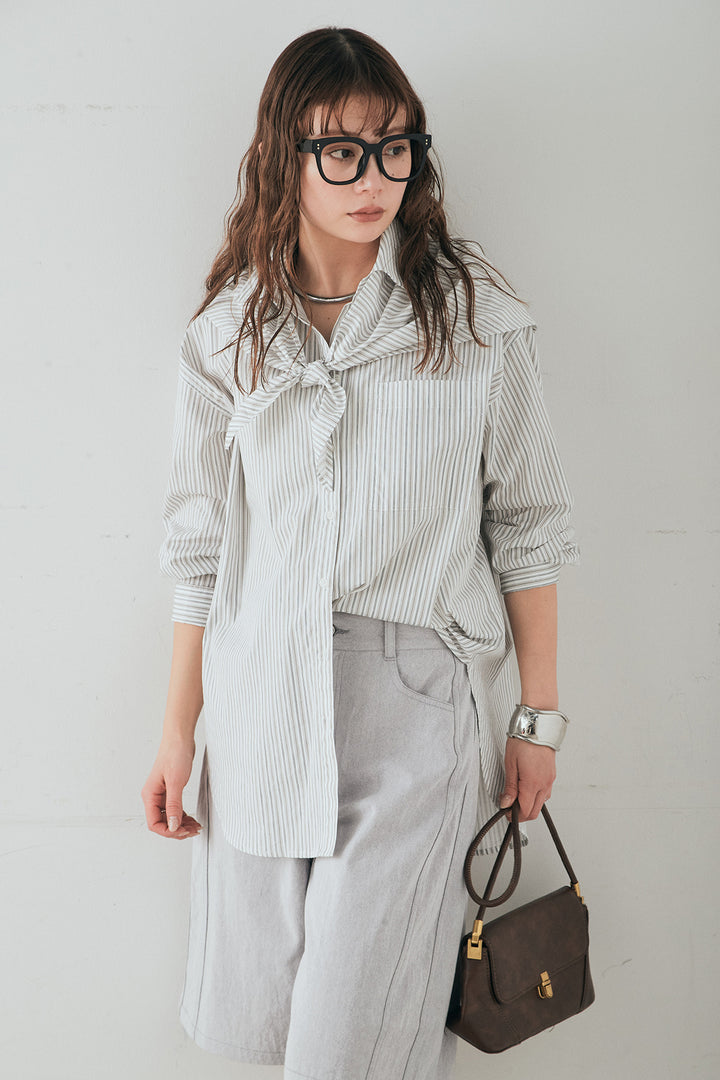 [SET]ランダムストライプスカーフ付きシャツ+デニムハーフパンツ(2set)