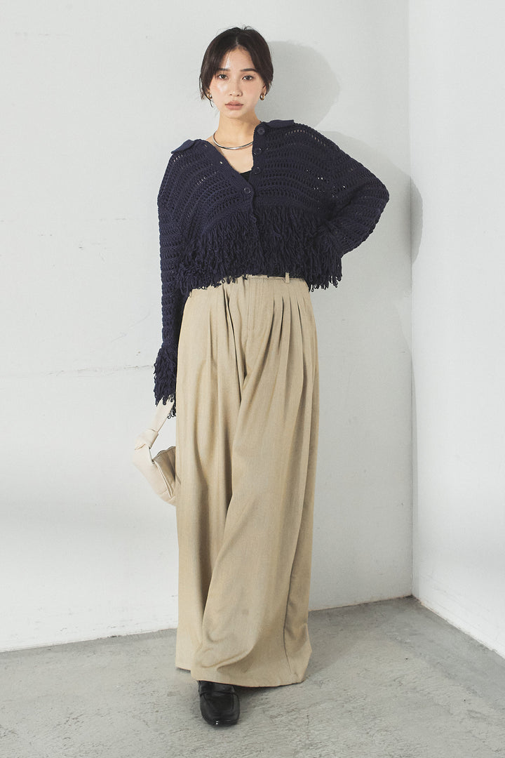 [SET]メッシュフリンジカーディガン+編みベルト付きウエストタックワイドパンツ(2set)