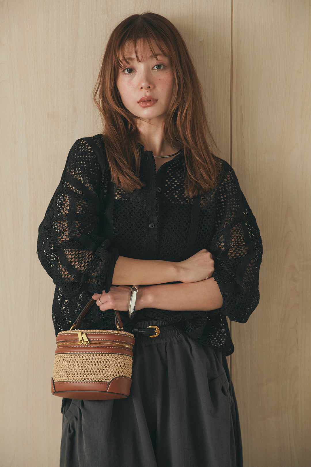 [SET]長袖襟付きレースシャツ+ポケットタックフォルムパンツ(2set)