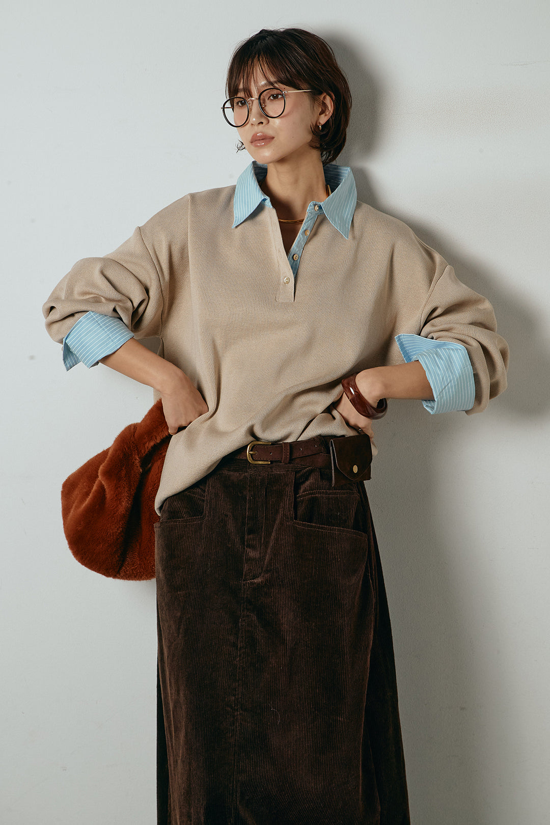 [SET]ストライプシャツドッキングポロトップス+ポーチベルト付きコーデュロイワイドスカート(2set)