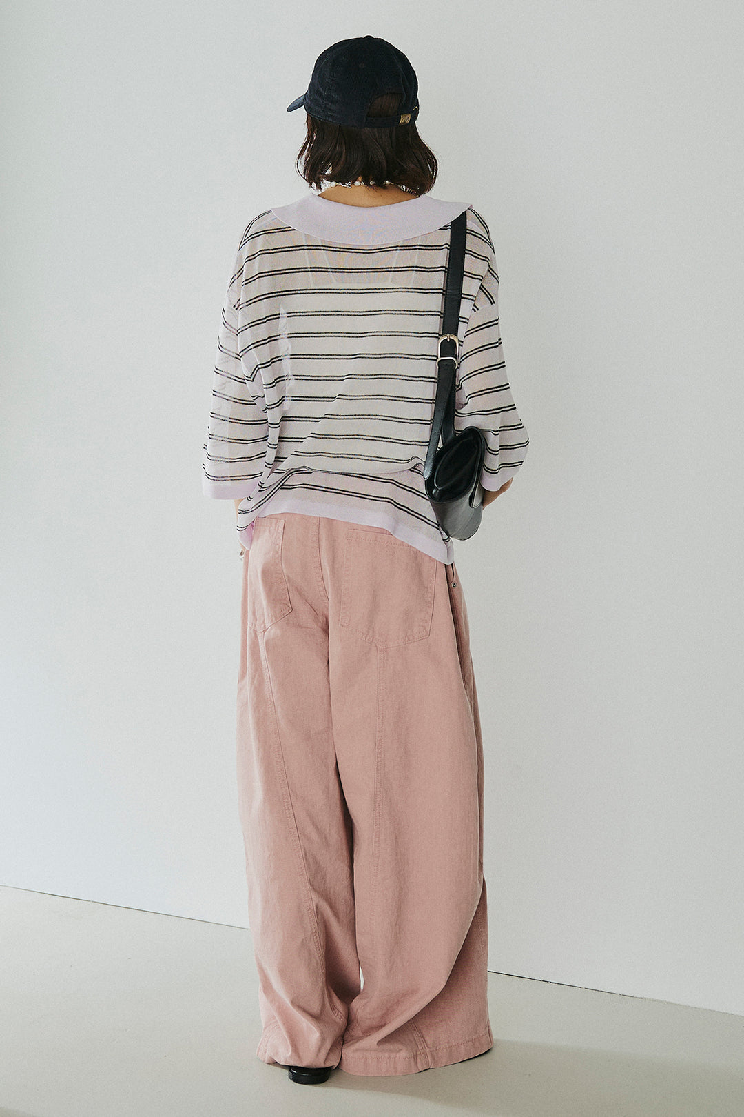 [SET]ボーダーニットポロシャツ+サイドベルトカーブワイドパンツ(2set)