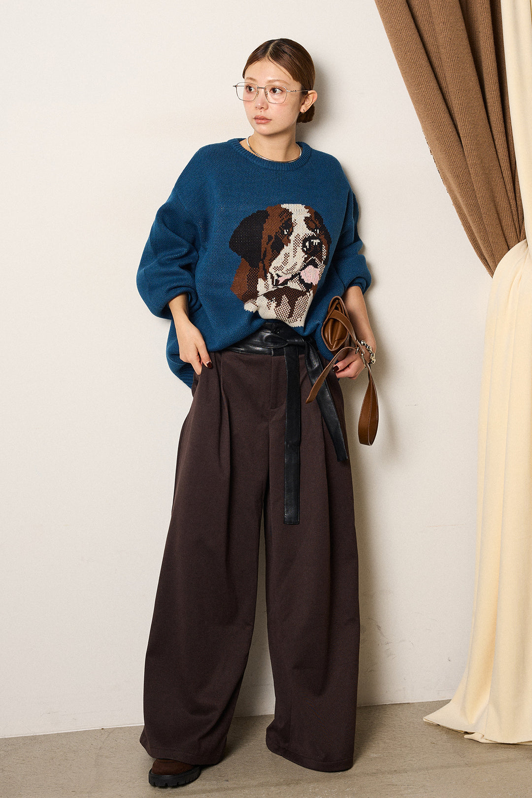 [SET]アニマルジャガード柄ニットトップス+巻ベルトウエストレザーライクワイドパンツ(2set)