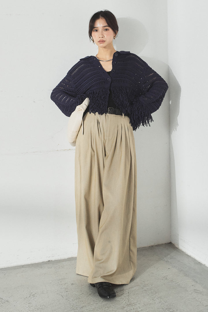 [SET]メッシュフリンジカーディガン+編みベルト付きウエストタックワイドパンツ(2set)