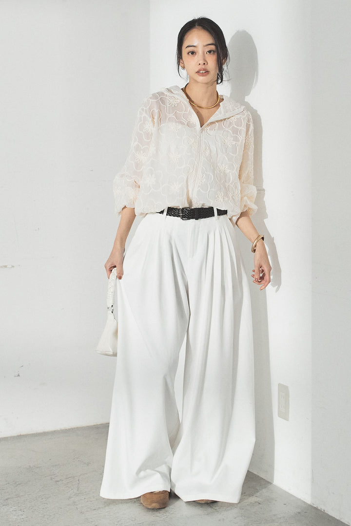 [SET]シアーフラワーフードブルゾン+編みベルト付きウエストタックワイドパンツ(2set)