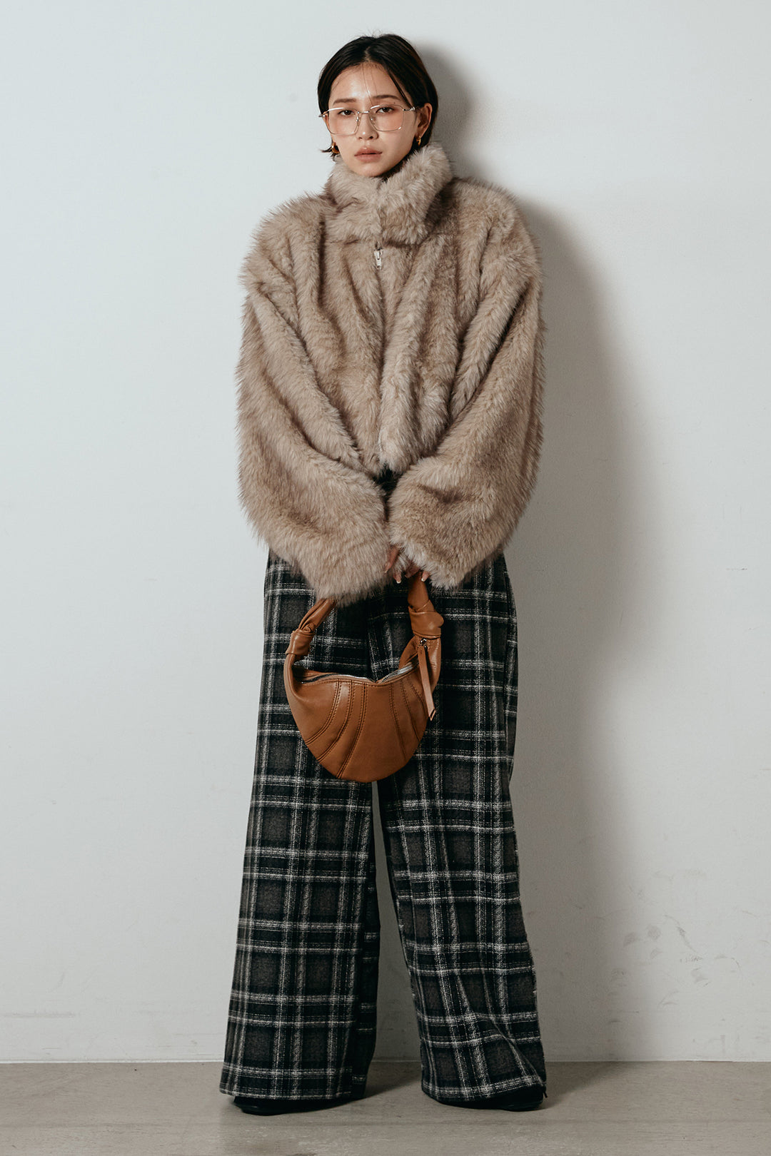 [SET]エコファーショート丈ブルゾン+ルーズタータンチェックワイドパンツ(2set)