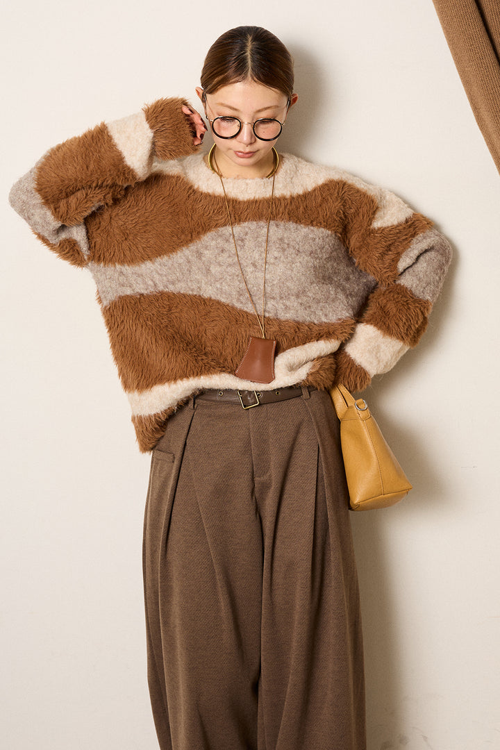 [SET]シャギーウェーブ柄クルーネックニットトップス+細ベルト付き起毛タックワイドパンツ(2set)