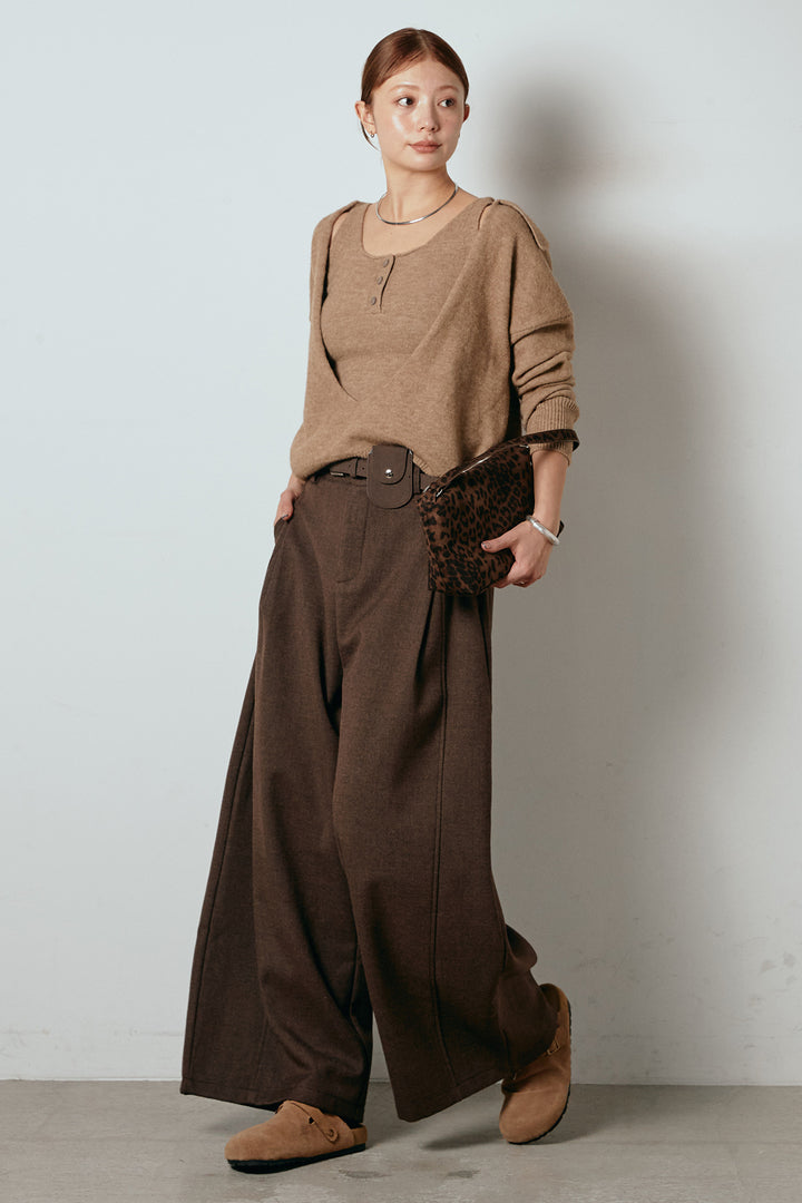 [SET]襟付きレイヤードニットトップス+ポーチベルト付きカーブパンツ(2set)