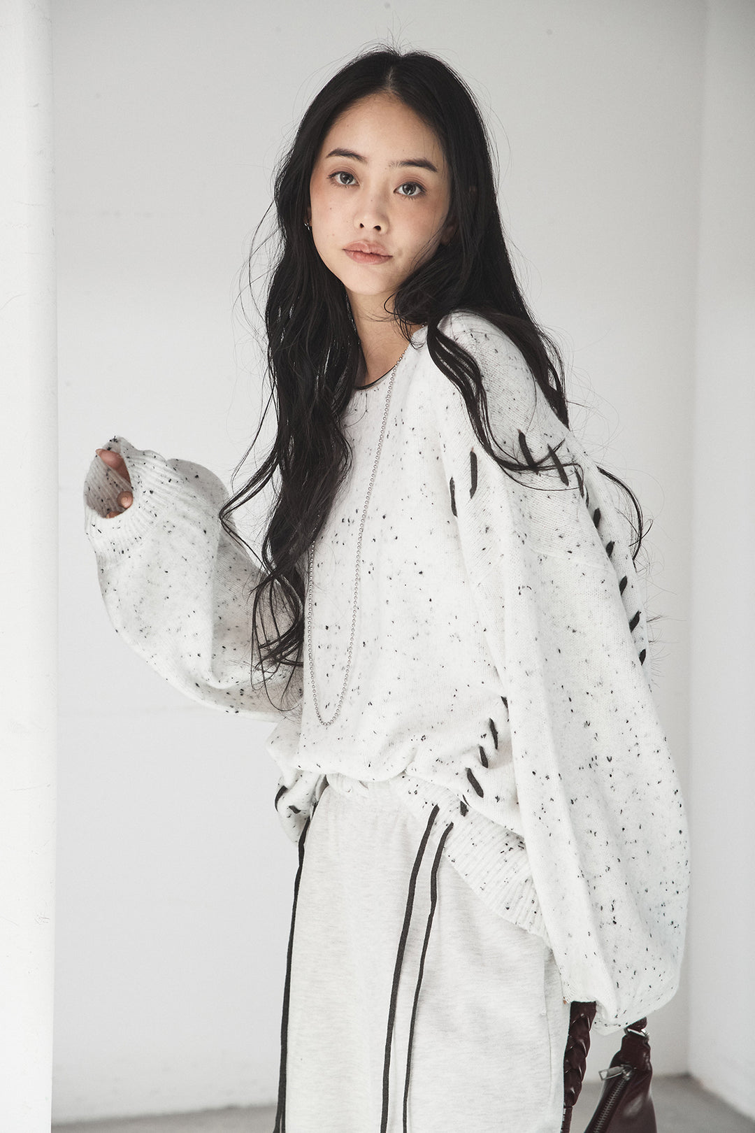 [SET]ネップ編み上げニットトップス+裏起毛スウェットワイドパンツ(2set)