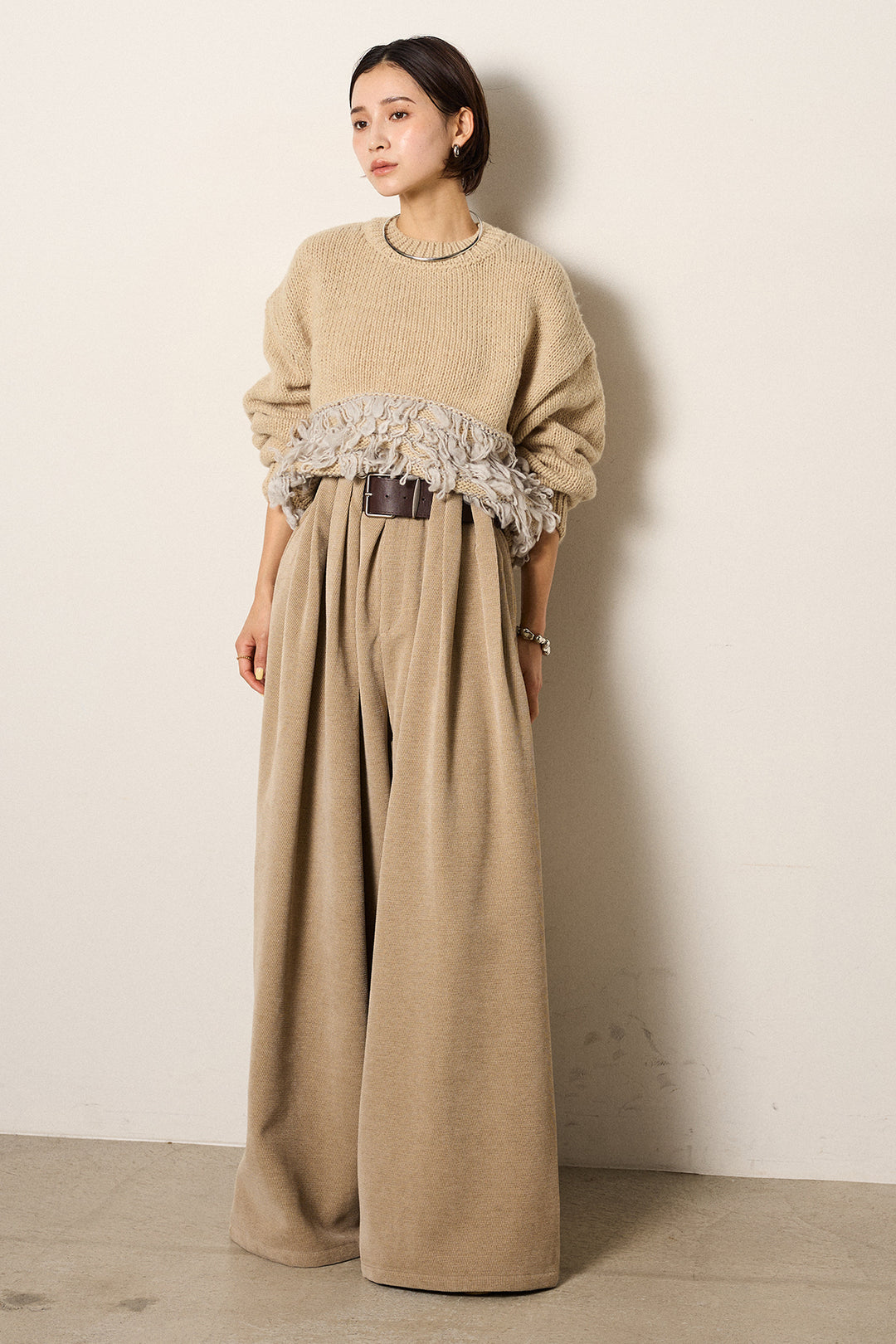 [SET]ループ編み切り替えニットプルオーバー+ベルトループコーデュロイワイドパンツ(2set)