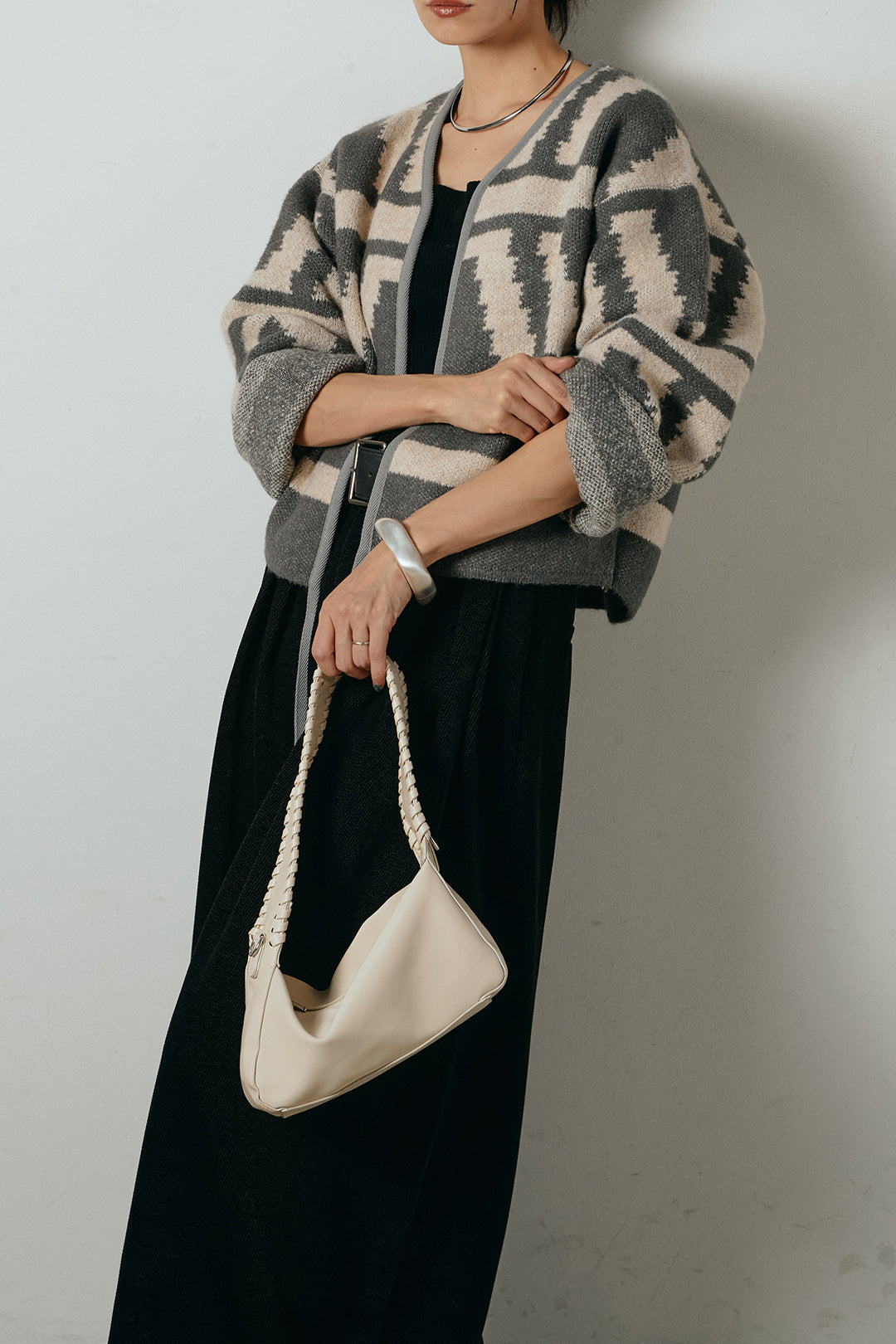 [SET]ノーカラー幾何学模様アウター+ベルトループコーデュロイワイドパンツ(2set)