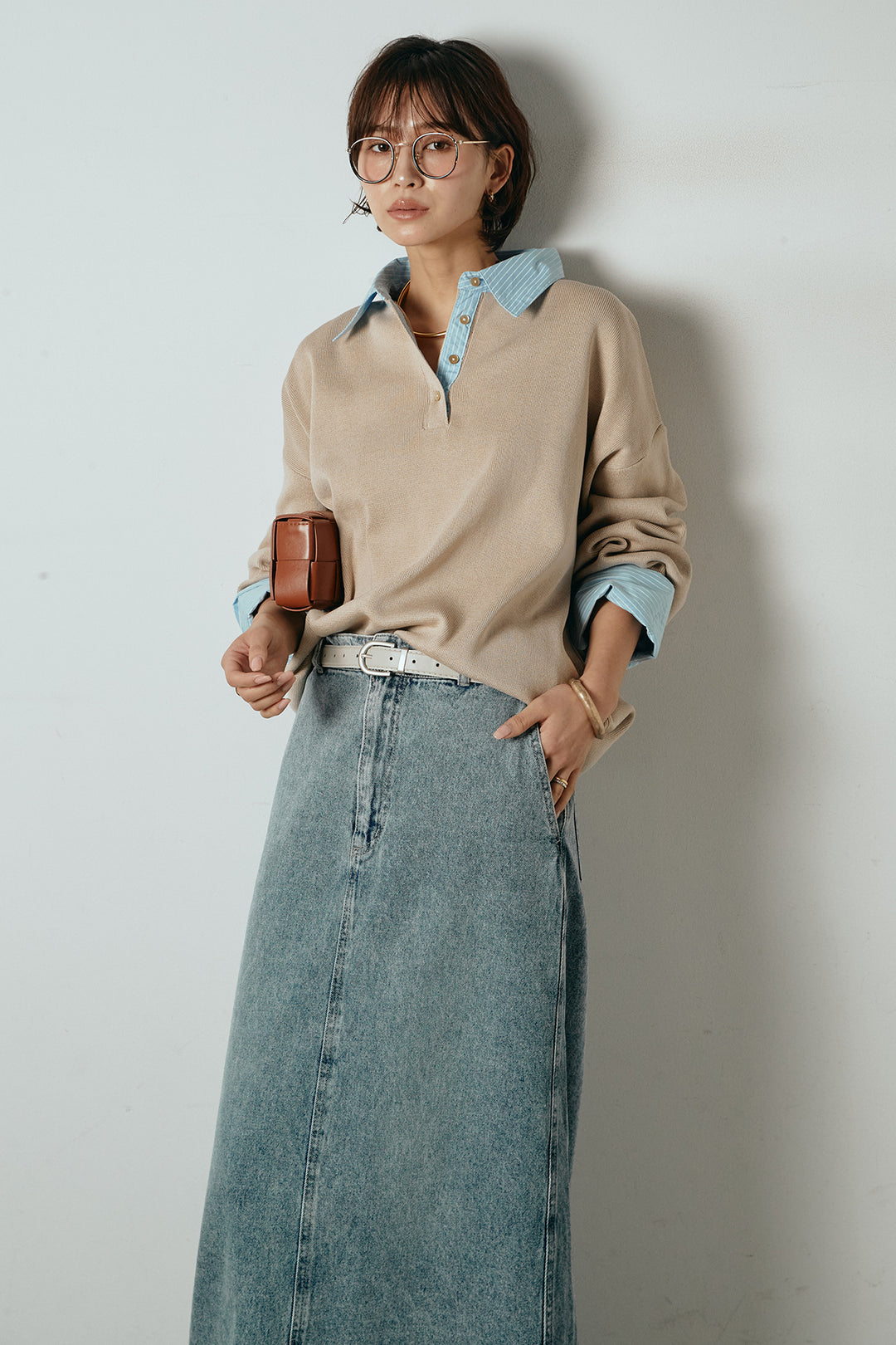 [SET]ストライプシャツドッキングポロトップス+デニムロングフレアスカート(2set)