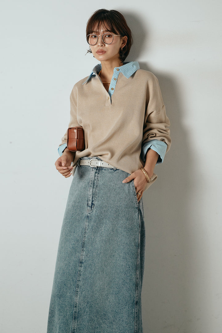 [SET]ストライプシャツドッキングポロトップス+デニムロングフレアスカート(2set)