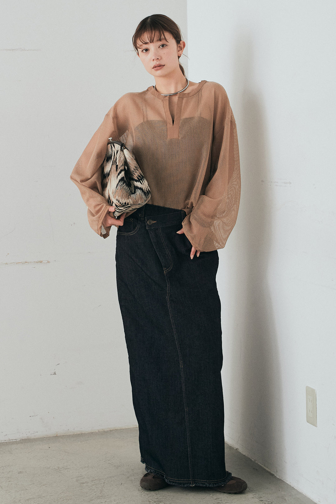 [SET]メッシュカットソースキッパープルオーバー+ウエストクロスデニムタイトスカート(2set)