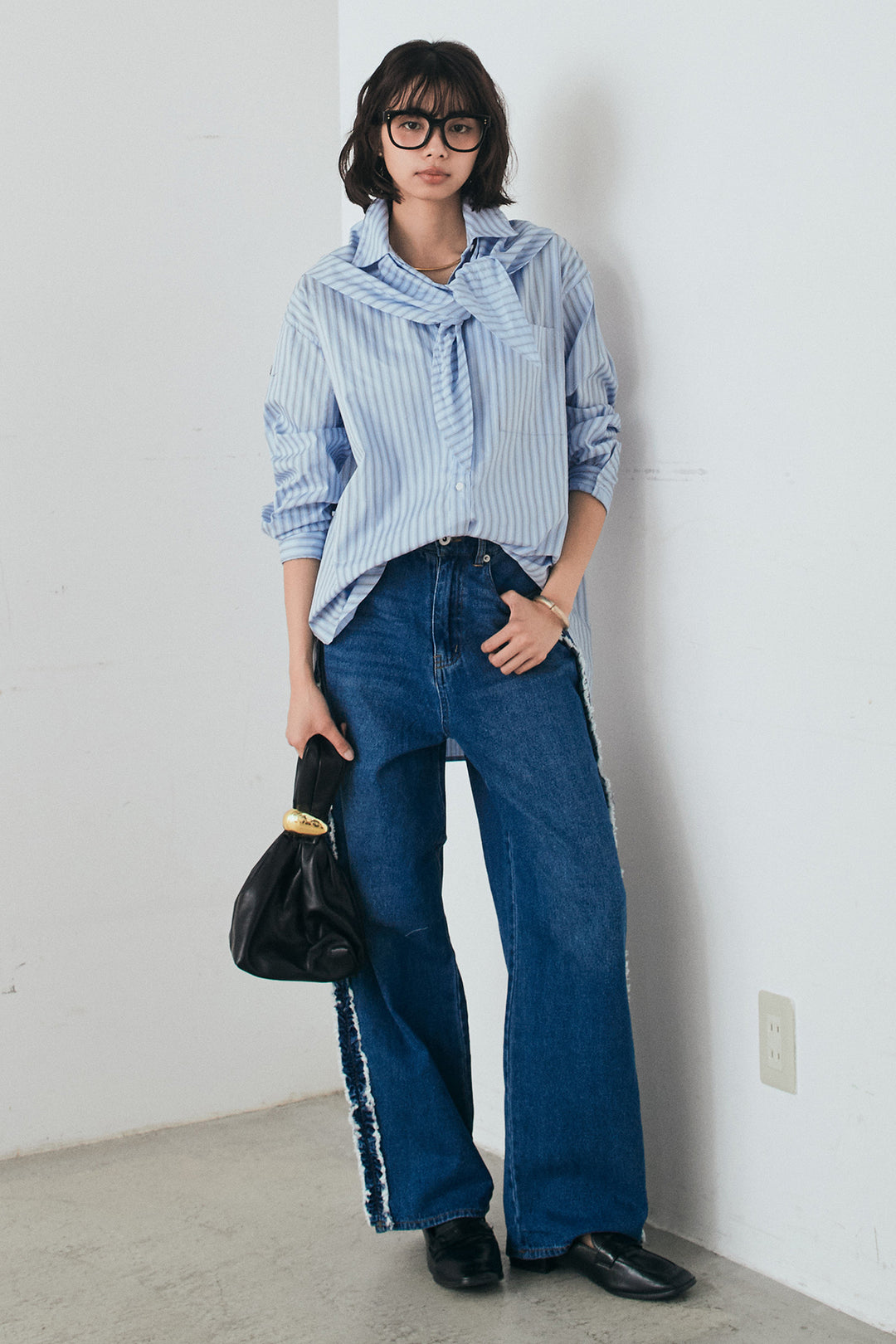 [SET]ランダムストライプスカーフ付きシャツ+デニムサイドフリルパンツ(2set)