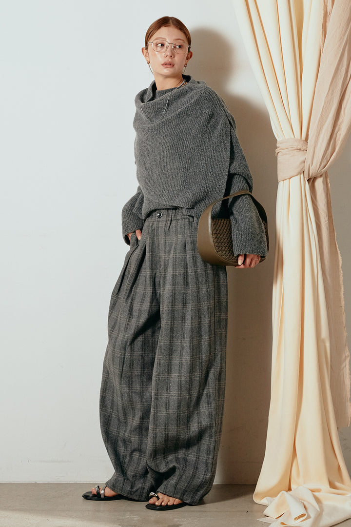 [SET]ケープデザインリブニットトップス+タータンチェック柄タックパンツ(2set)