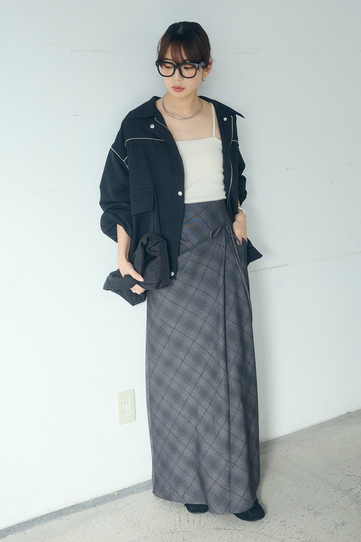 [SET]合繊ツイルバルーンジャケット+タータンチェック柄フロントデザインスカート(2set)