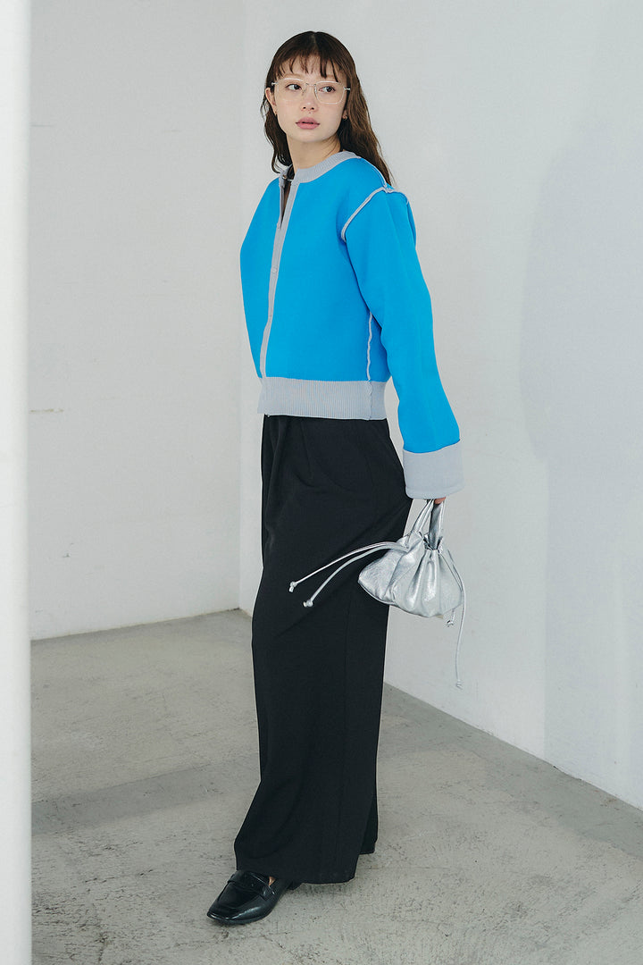 [SET]リバーシブル配色ニットカーディガン+ベルト付きツータックワイドパンツ(2set)