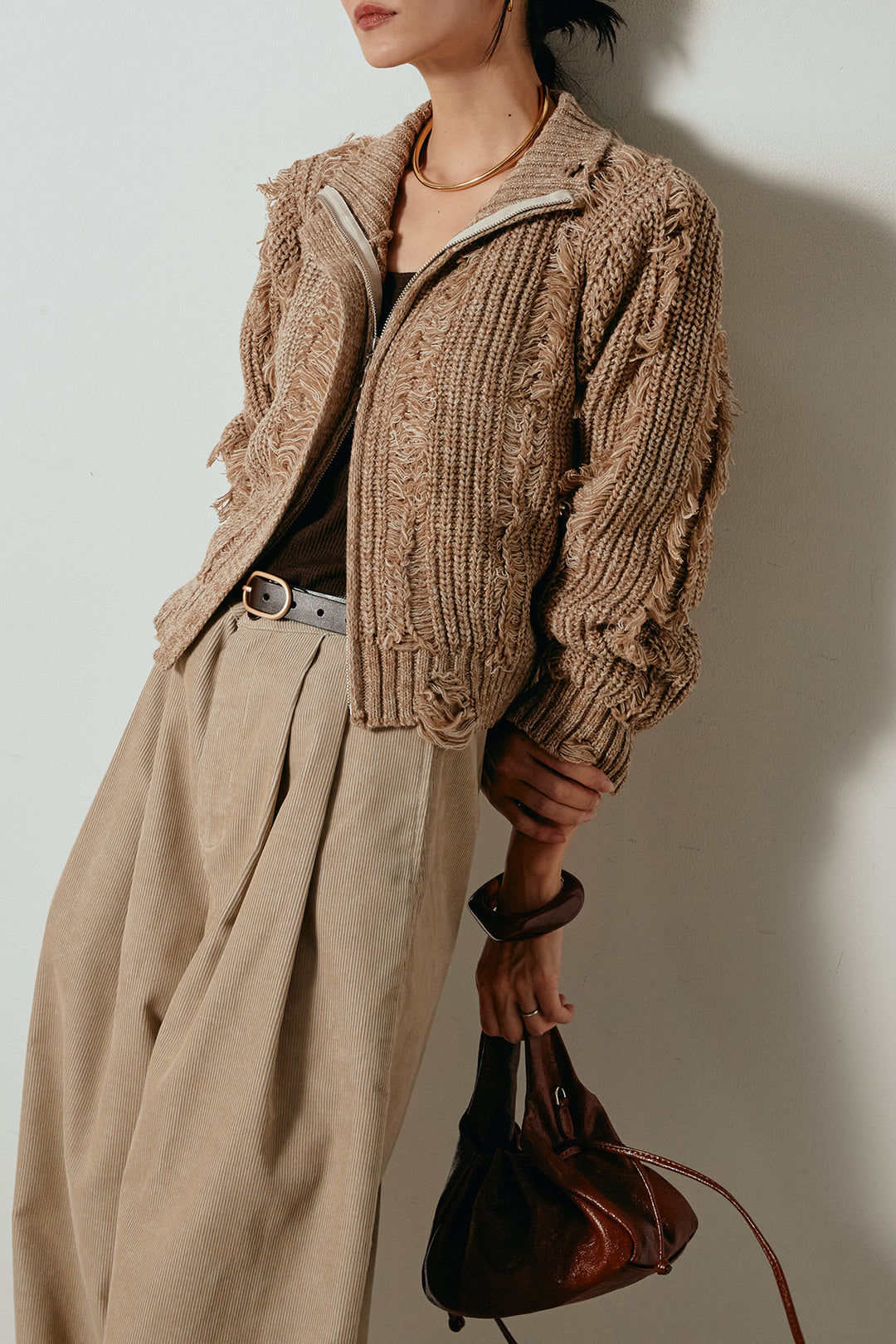 [SET]ハイネックフリンジジップニットトップス+フロントタック入りコーデュロイパンツ(2set)