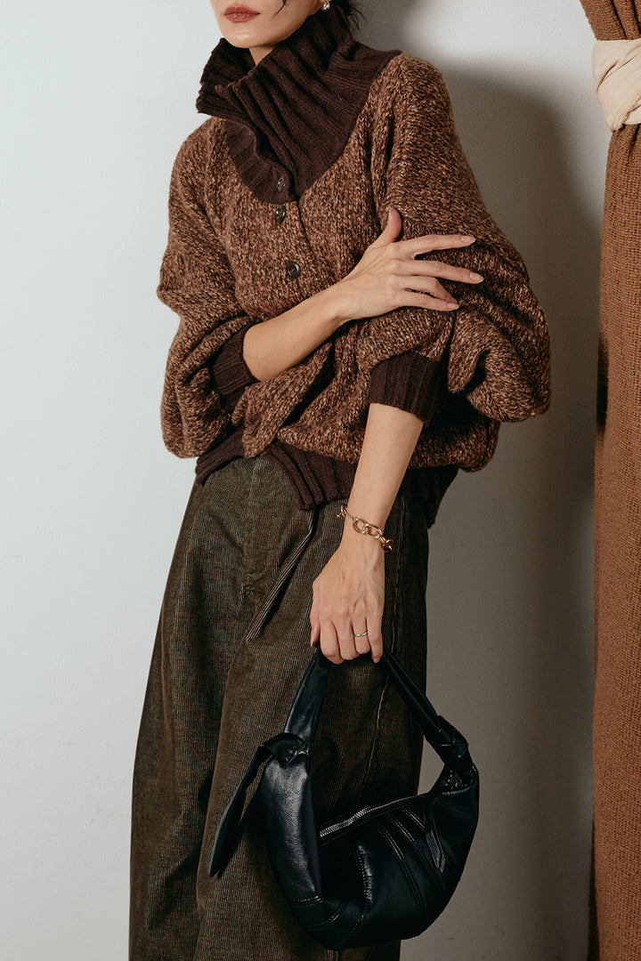 [SET]ハイネックミックスニットカーディガン+フロントタック入りコーデュロイパンツ(2set)