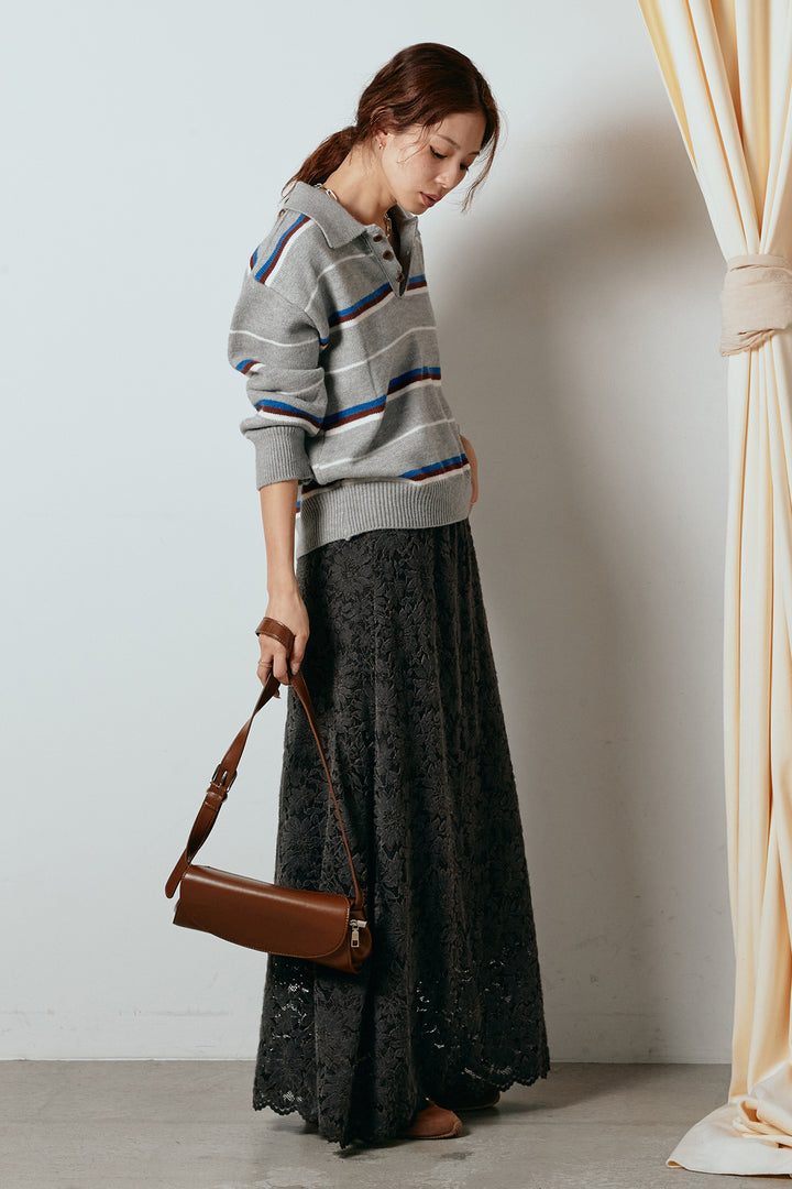 [SET]襟付きマルチボーダーニットポロトップス+花柄刺繍ベロアフレアスカート(2set)