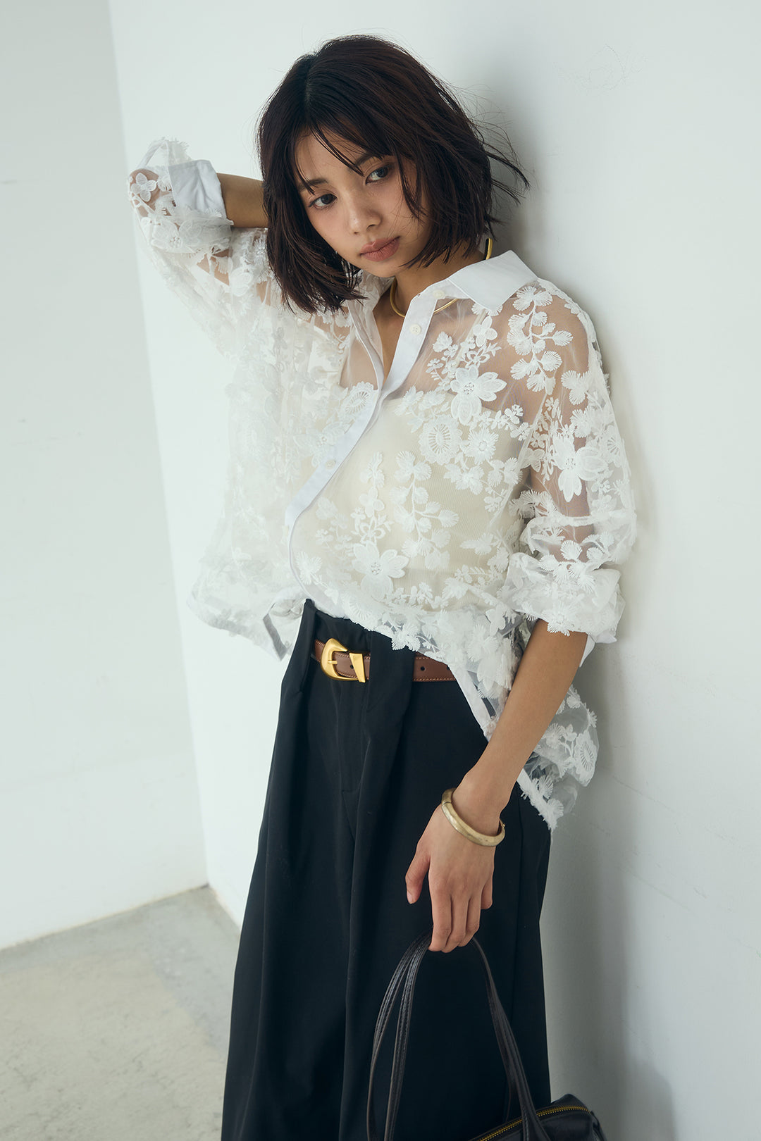 [SET]立体フラワー刺繍レースシャツ+ベルトループデザインハイウエストタックパンツ(2set)