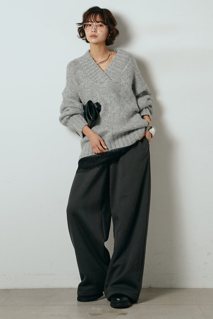 [SET]Vネックラメニットトップス+裏起毛スウェットワイドパンツ(2set)