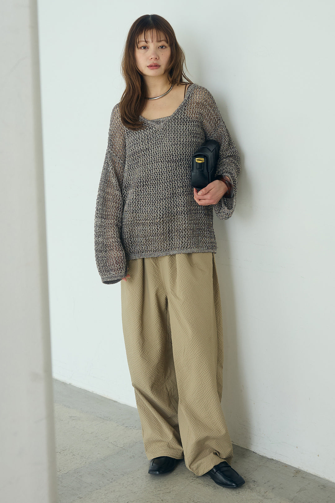 [SET]メッシュ編みビスチェセットVネックプルオーバー+シアサッカーイージーパンツ(2set)