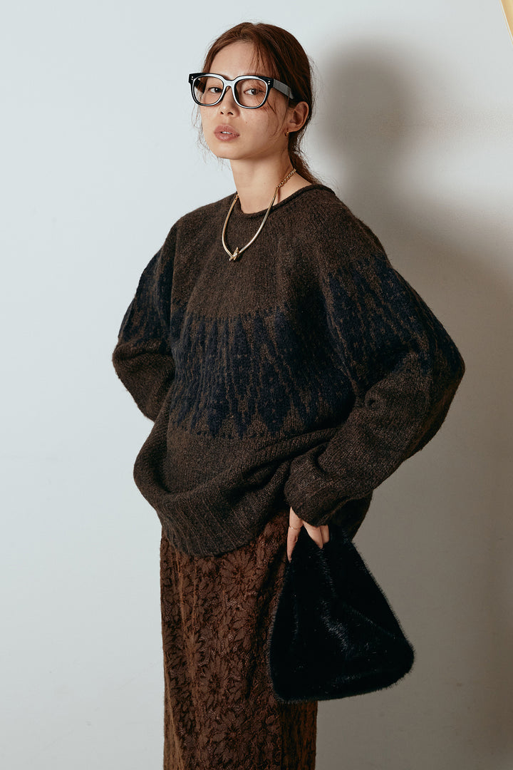 [SET]モノトーン柄ニットトップス+花柄刺繍ベロアフレアスカート(2set)