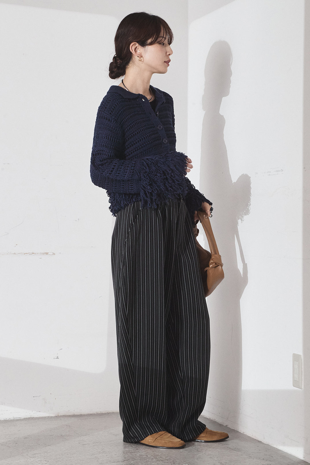 [SET]メッシュフリンジカーディガン+ヘリンボーンストライプツータックパンツ(2set)