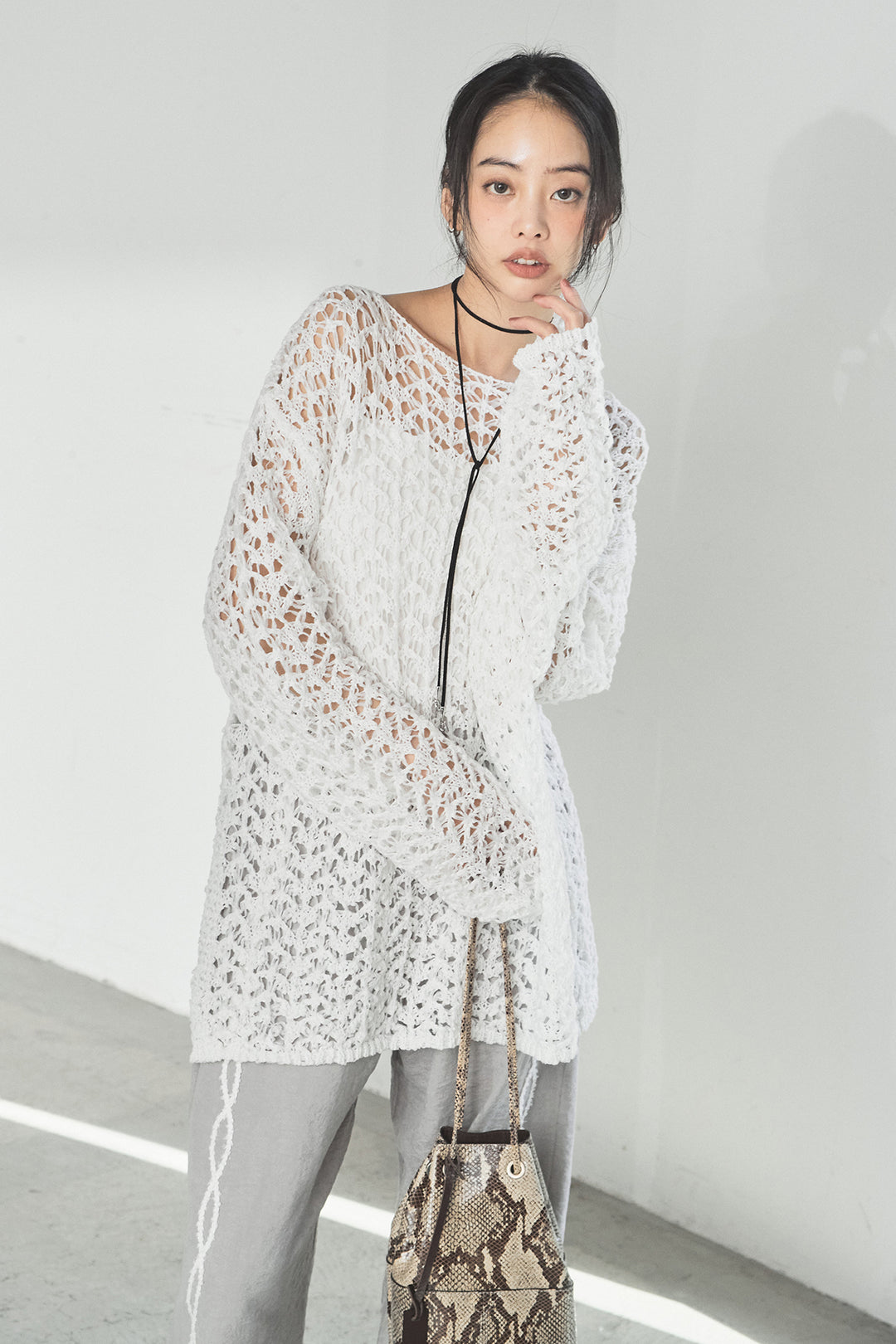 [SET]リラックスメッシュニットトップス+刺繡テープラインパンツ(2set)