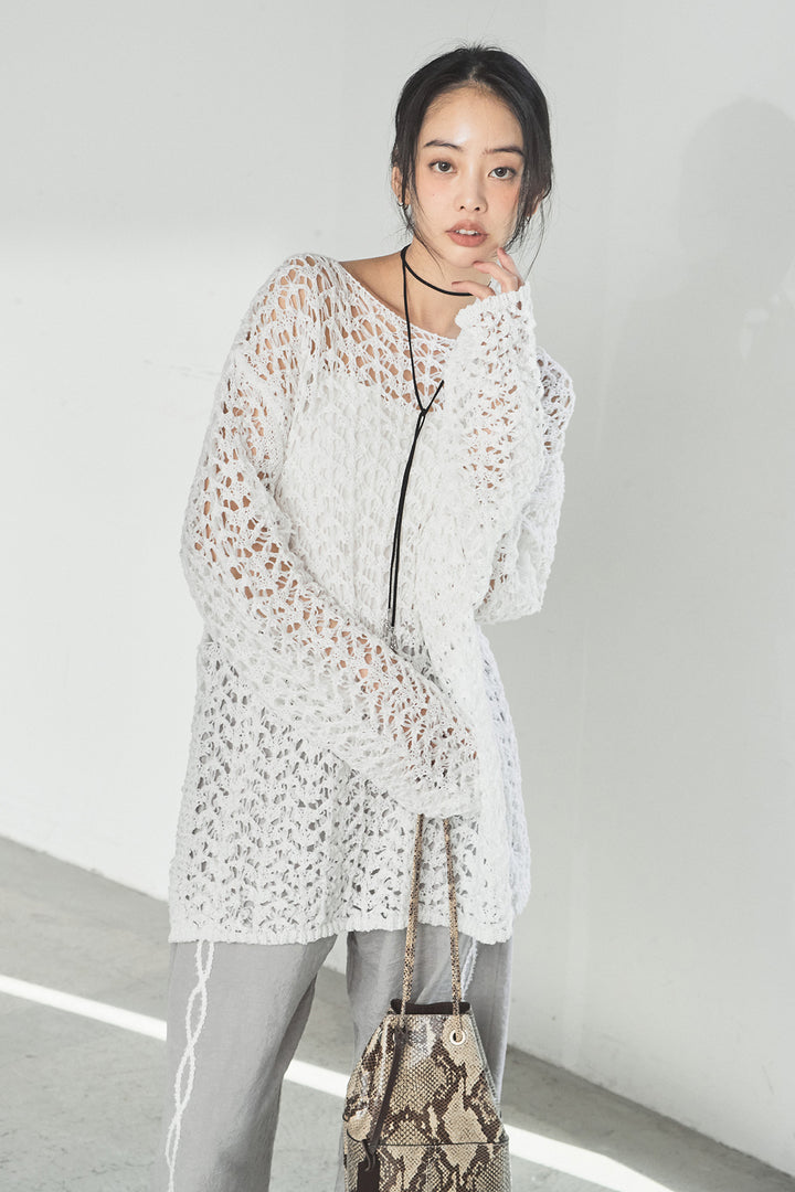 [SET]リラックスメッシュニットトップス+刺繡テープラインパンツ(2set)