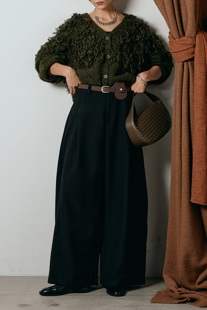 [SET]ループ編みVネックニットカーディガン+ポーチベルト付きカーブパンツ(2set)