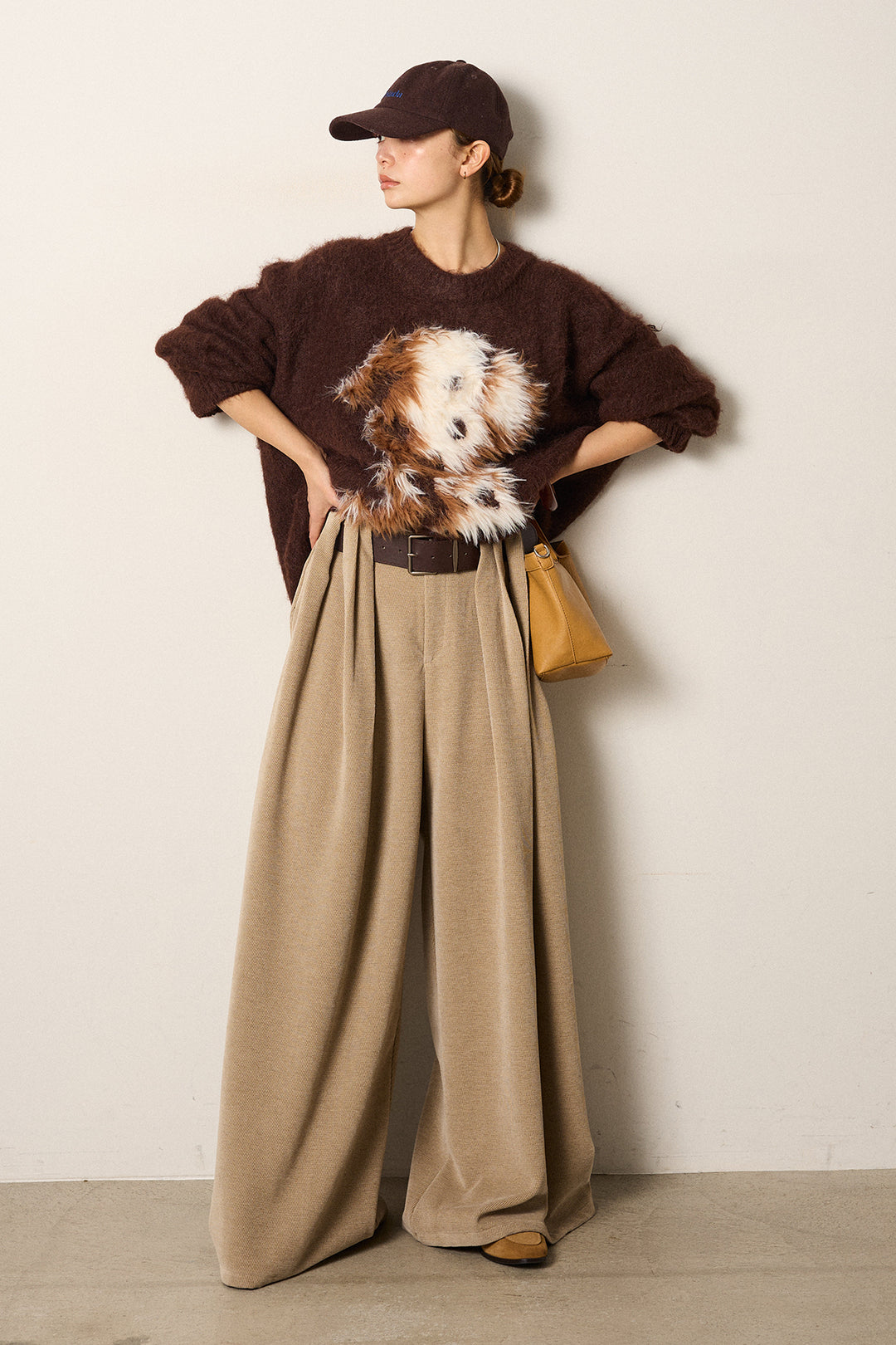 [SET]シャギーニュアンスアニマルニット+ベルトループコーデュロイワイドパンツ(2set)