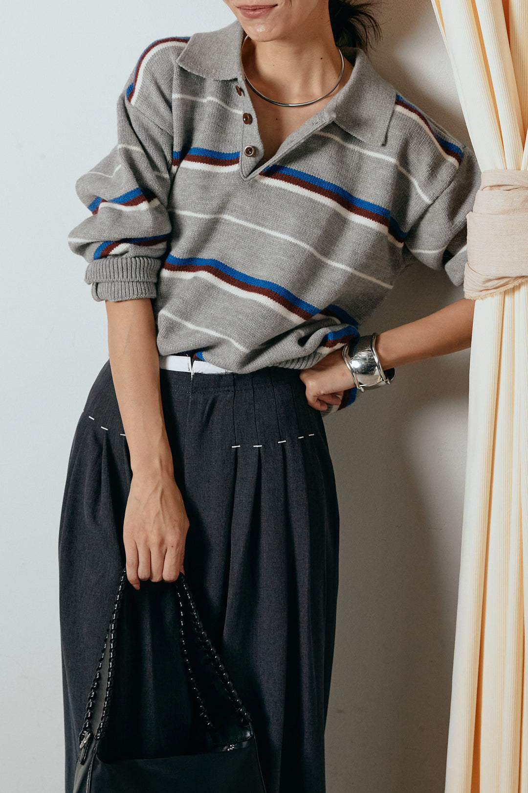 [SET]襟付きマルチボーダーニットポロトップス+ウエストステッチデザインワイドスラックス(2set)