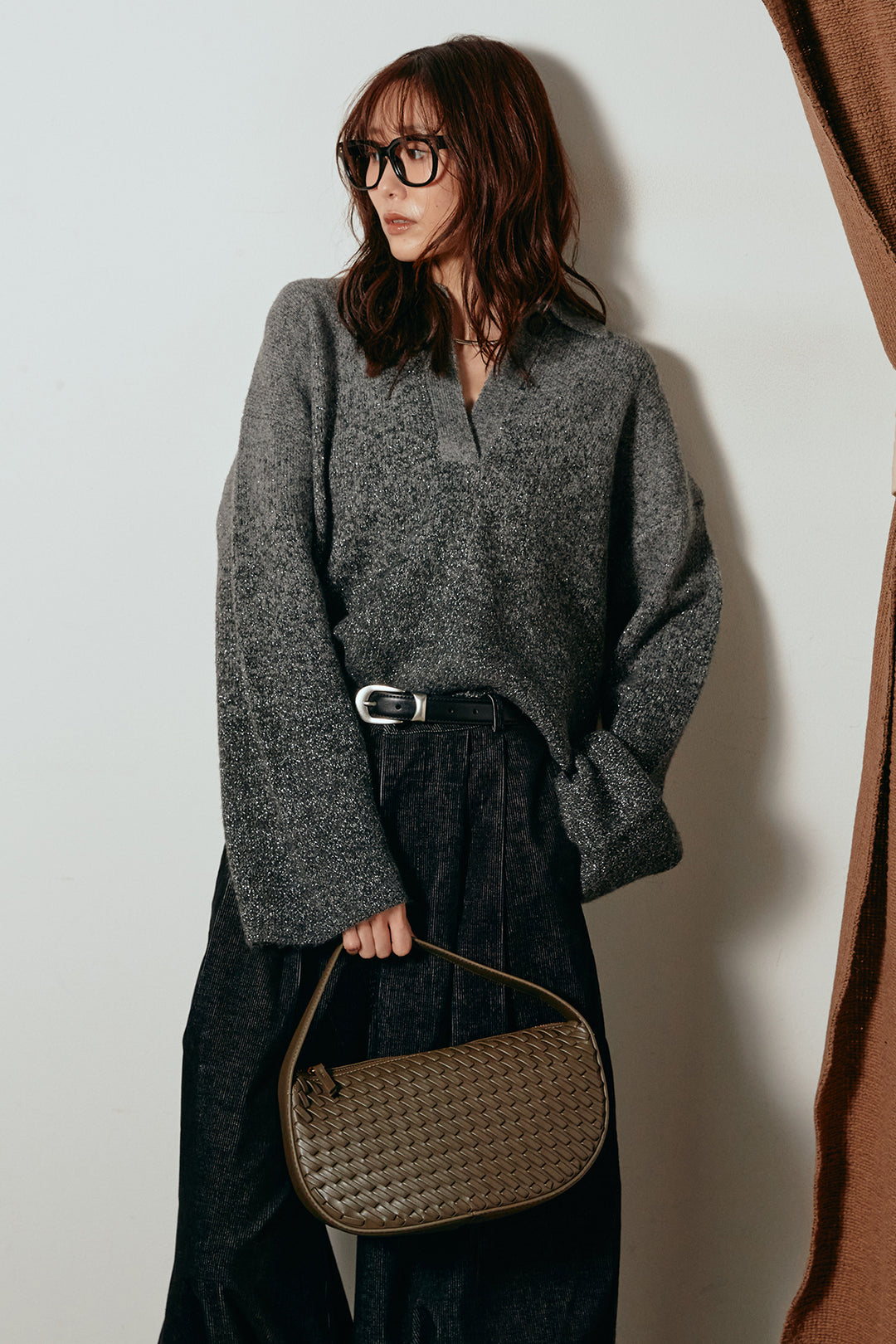 [SET]グラデーションラメニットキーネックプルオーバー+フロントタック入りコーデュロイパンツ(2set)