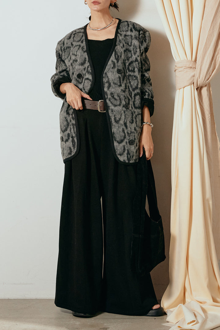[SET]ノーカラーレオパード柄アウター+フェイクレザー太ベルト付きタックワイドパンツ(2set)