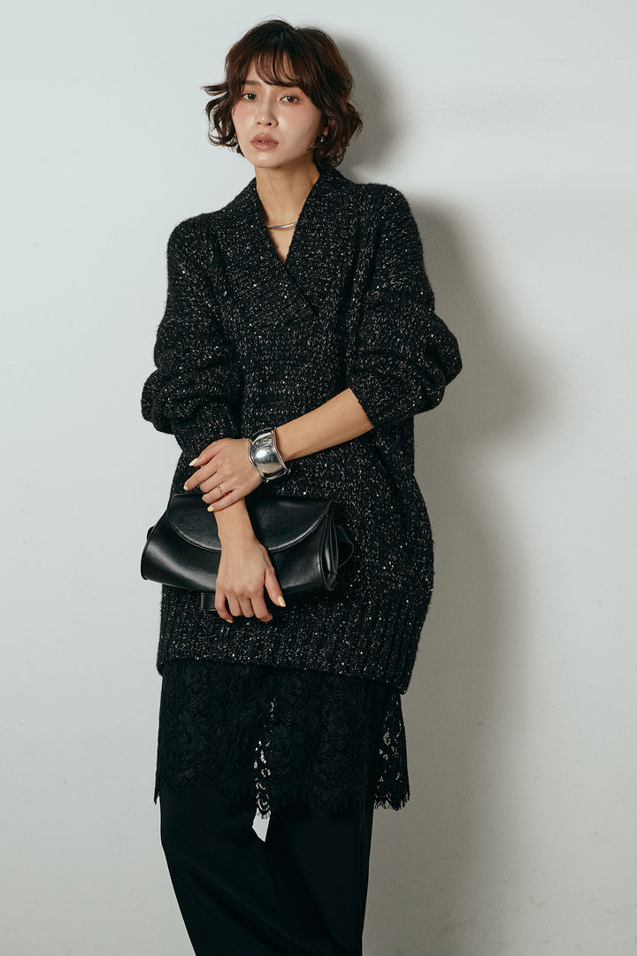 [SET]Vネックラメニットトップス+レース刺繍レイヤードフレアパンツ(2set)