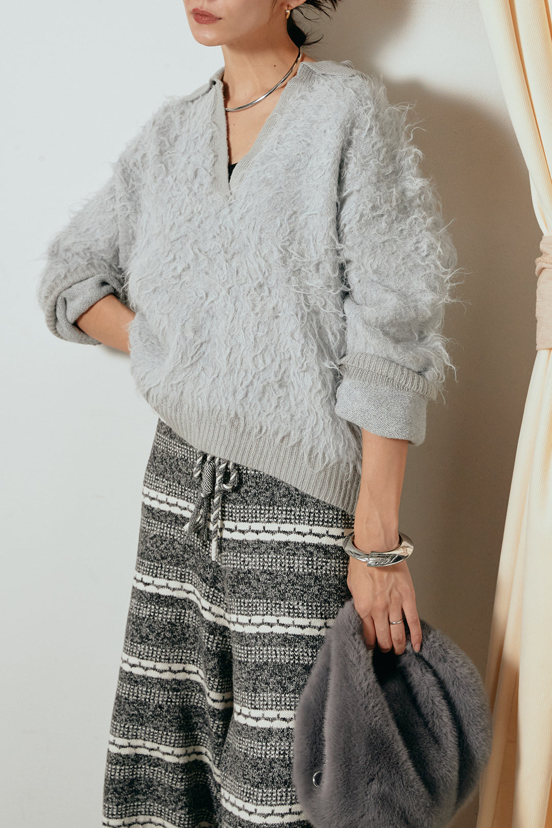 [SET]襟付きシャギーニットポロトップス+マルチライン柄リラックスニットパンツ(2set)