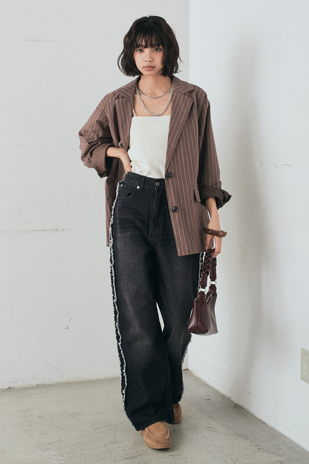 [SET]リネンライクストライプテーラードジャケット+デニムサイドフリルパンツ(2set)