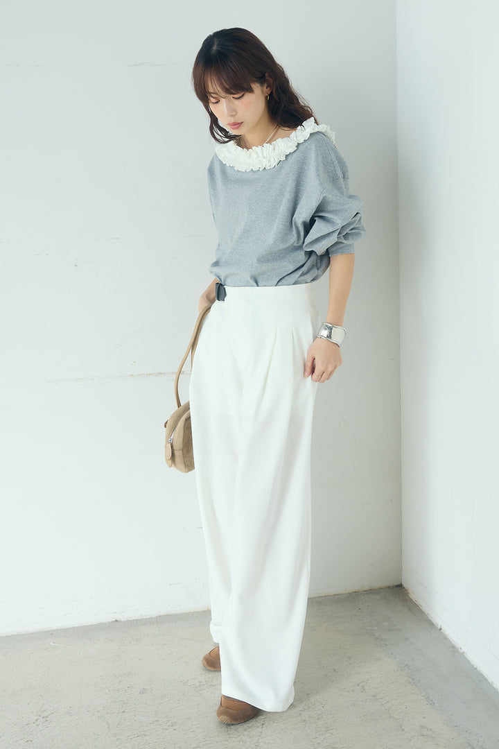 [SET]ネックギャザーフリルスウェット+サイドベルトタック入りスラックス(2set)