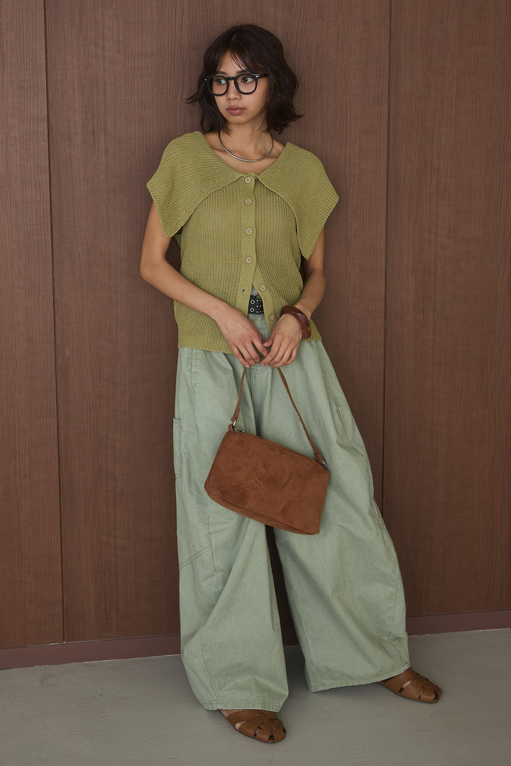 [SET]ビッグカラーボタンニットトップス+ベルト付きカラーデニムパンツ(2set)